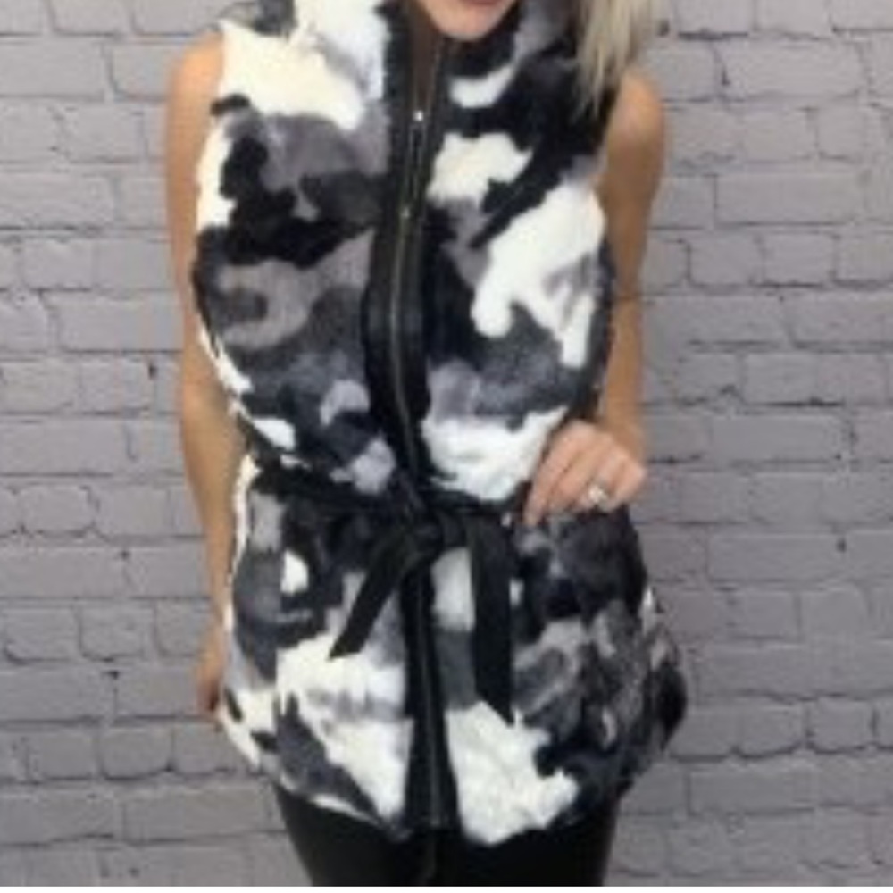 Black/white/gray faux fur vest